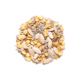 Pile of different vegetable seeds on white background, top view
