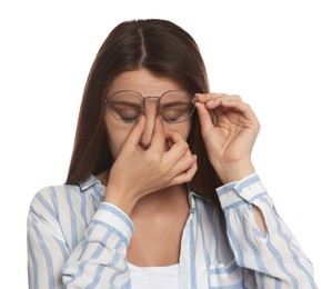 Photo of Young woman suffering from eyestrain on white background