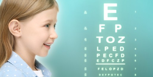 Image of Vision test. Cute little girl and eye chart on turquoise background, banner design