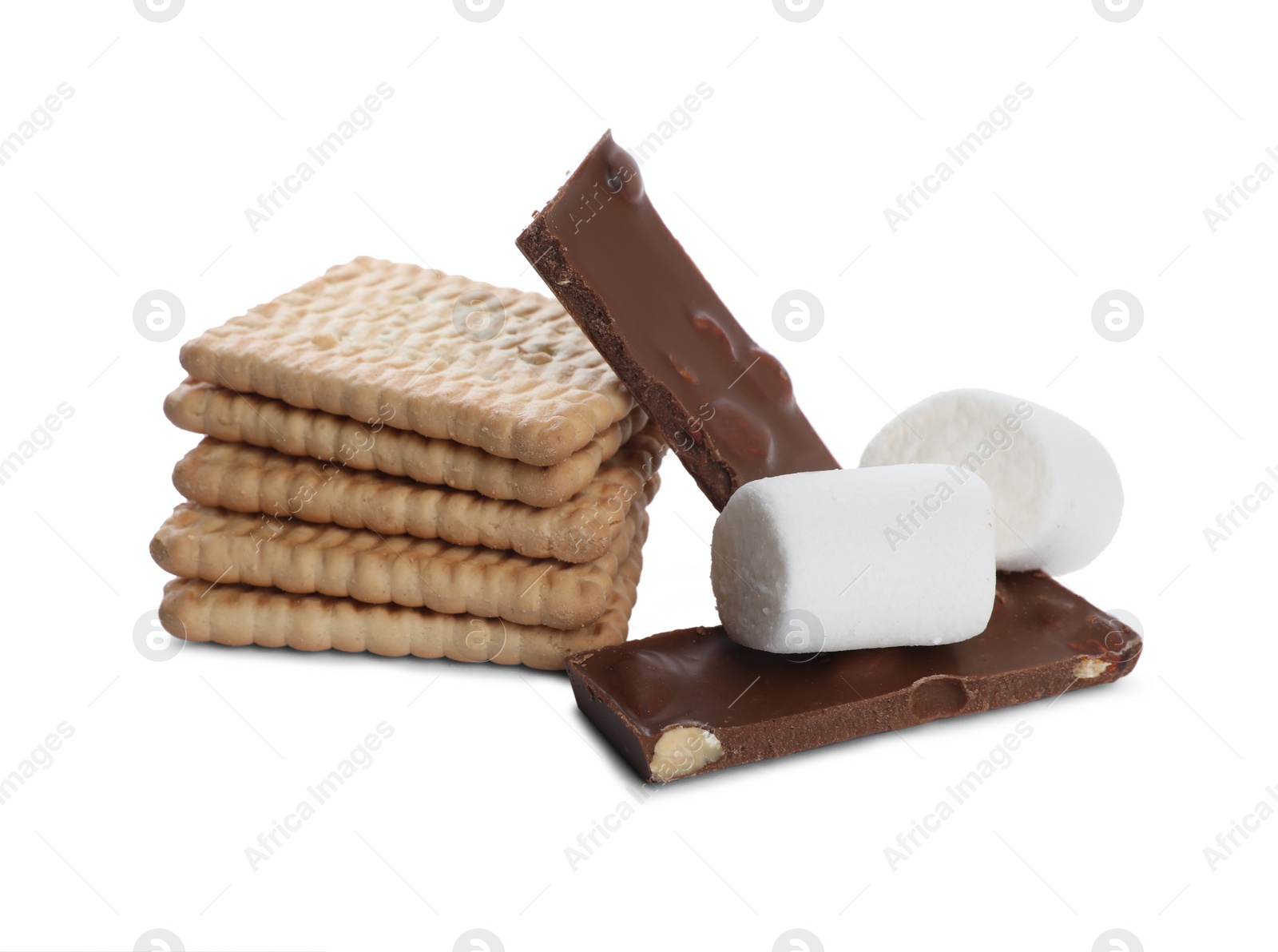 Photo of Delicious crackers, marshmallow and chocolate pieces isolated on white. Cooking sweet sandwiches