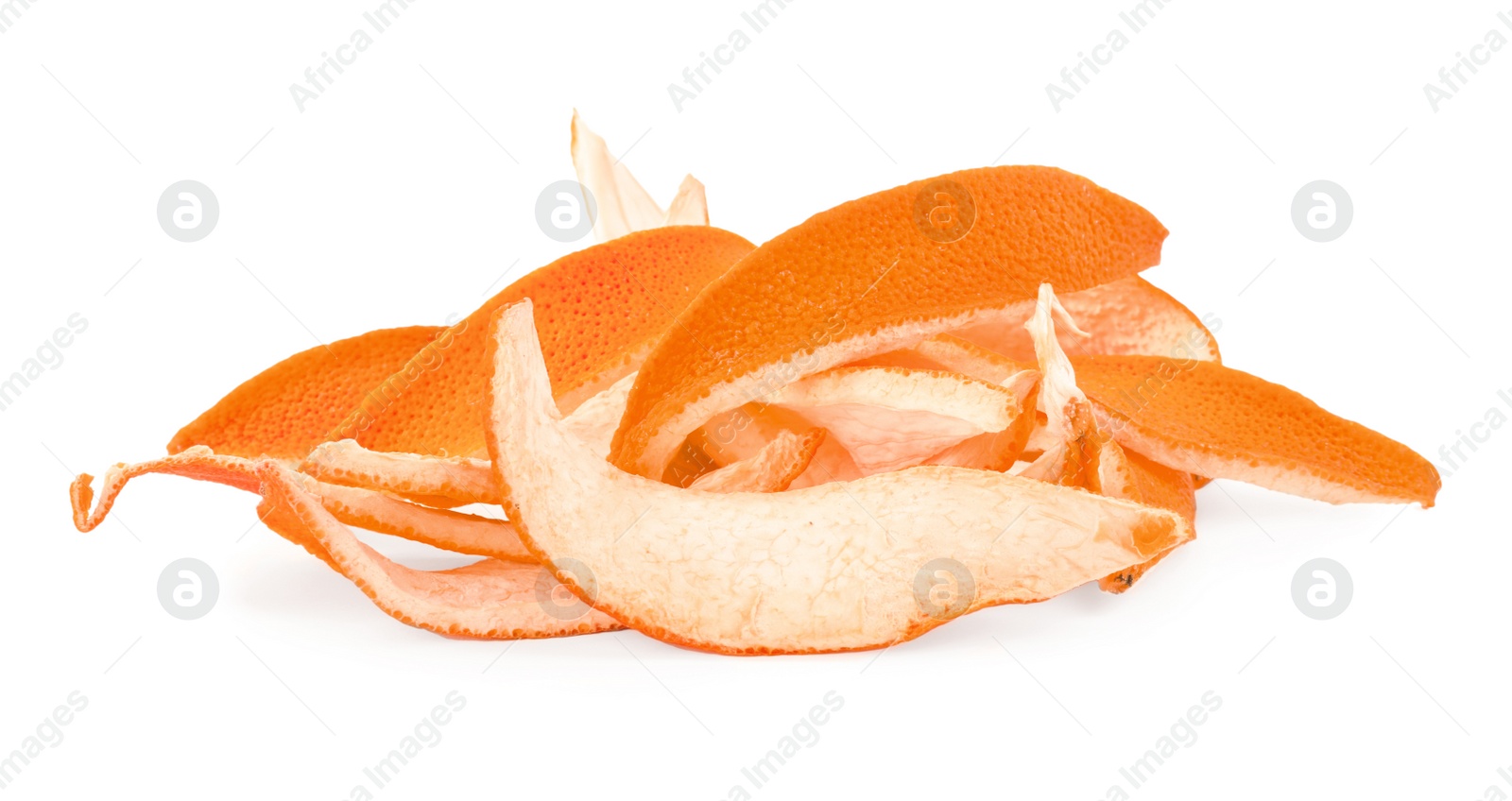 Photo of Pile of dry orange peels isolated on white