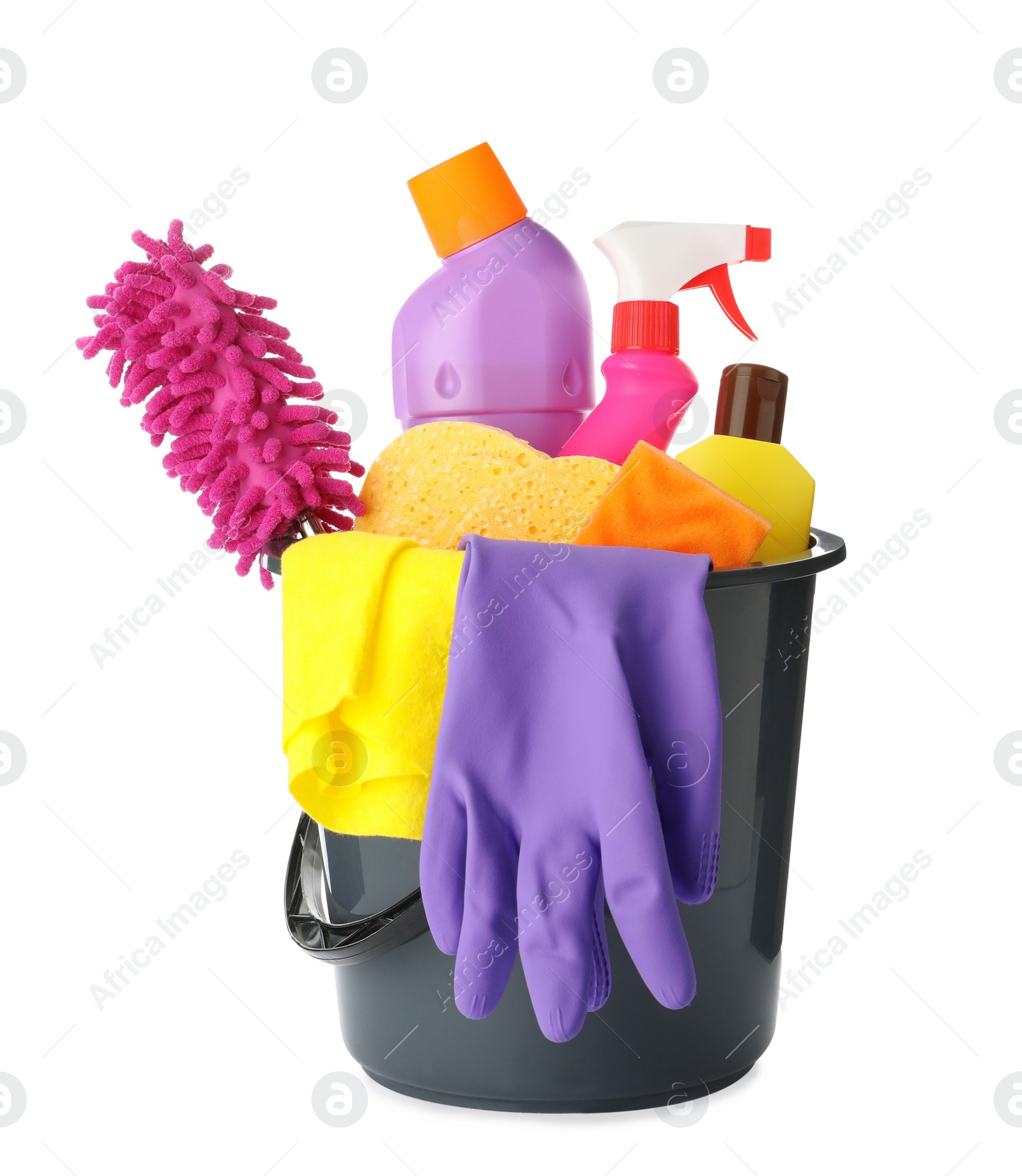 Photo of Black plastic bucket with different cleaning products isolated on white