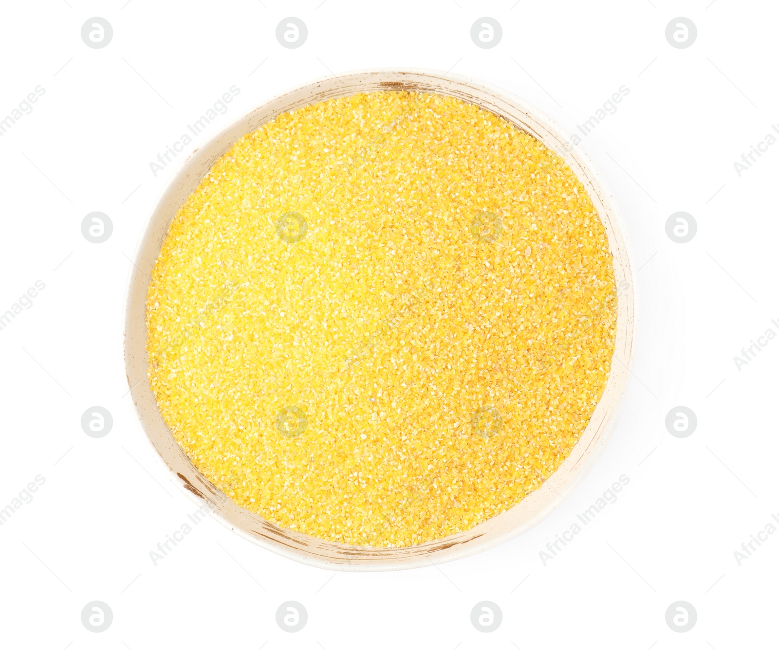 Photo of Raw cornmeal in bowl isolated on white, top view