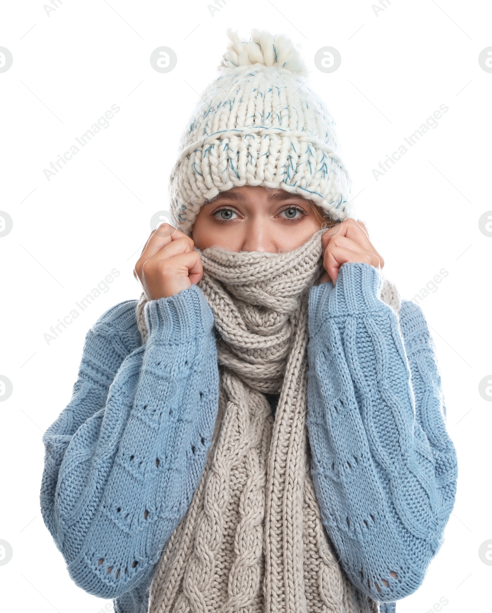 Photo of Young woman suffering from cold on white background