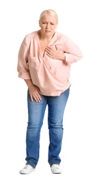 Photo of Mature woman having heart attack on white background