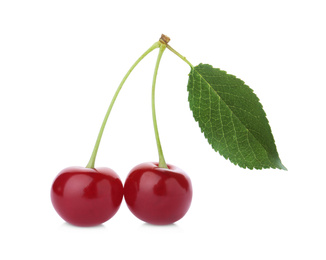 Sweet red cherries with leaf isolated on white