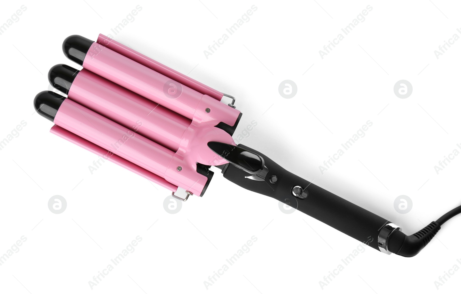 Photo of Modern triple curling iron isolated on white, top view