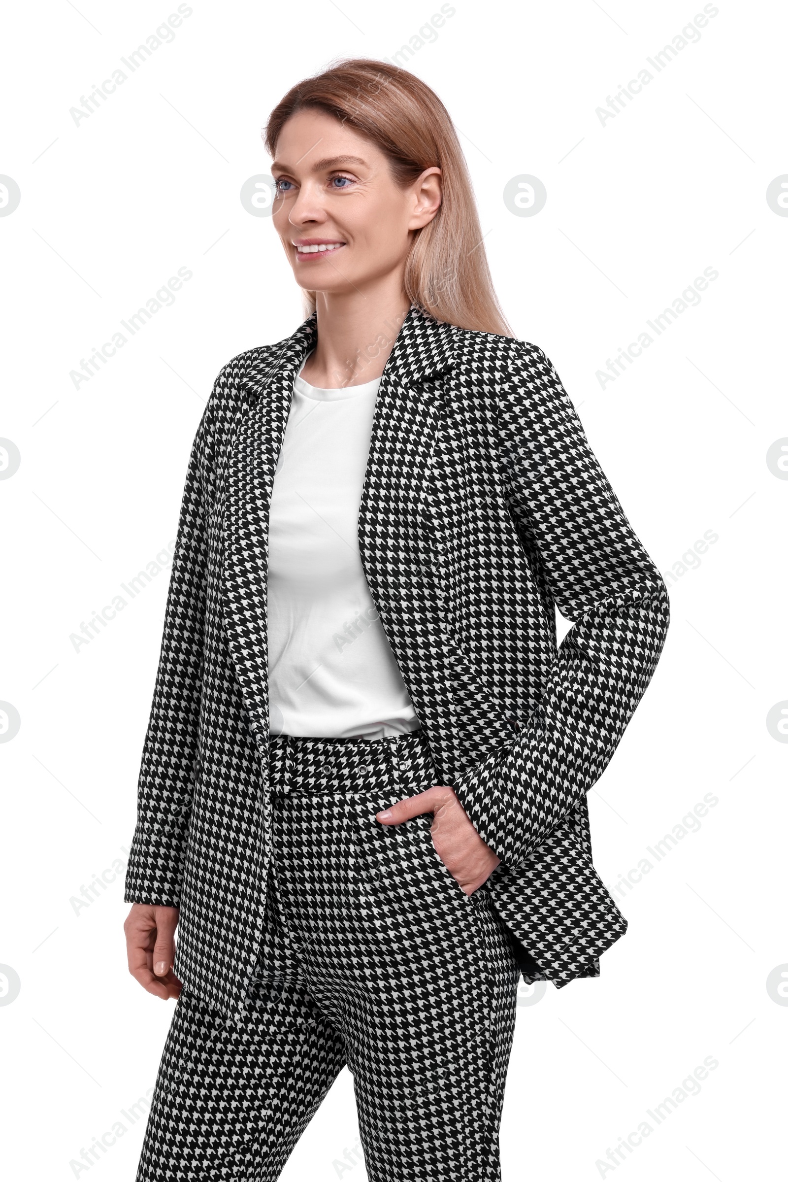 Photo of Beautiful happy businesswoman in suit on white background