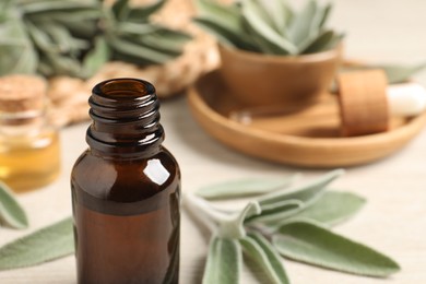 Photo of Bottle of essential sage oil and leaves on wooden table, closeup. Space for text