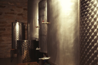 Steel tanks for wine fermentation at factory