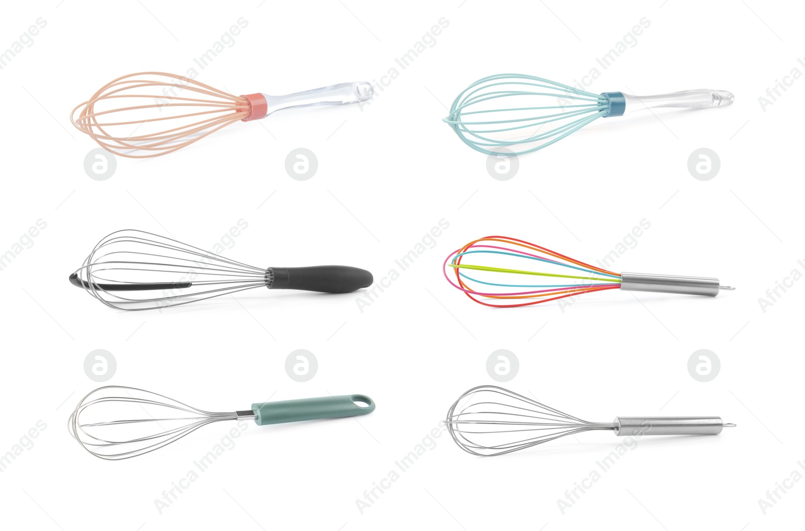 Image of Different whisks isolated on white, collection. Kitchen tool