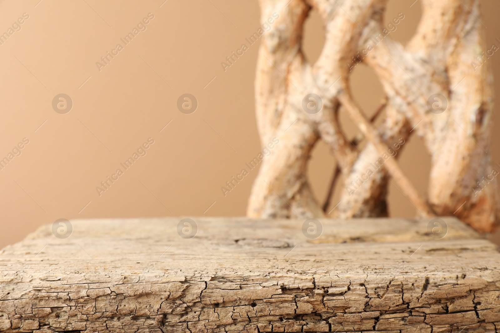 Photo of Presentation for product. Wooden podium and braided tree trunk on beige background, closeup