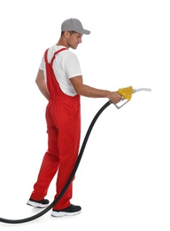 Photo of Gas station worker with fuel nozzle on white background