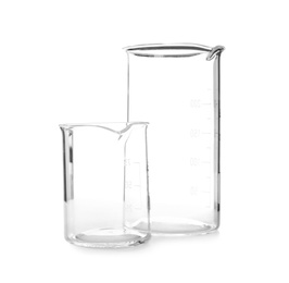 Photo of Empty beakers on white background. Laboratory analysis equipment