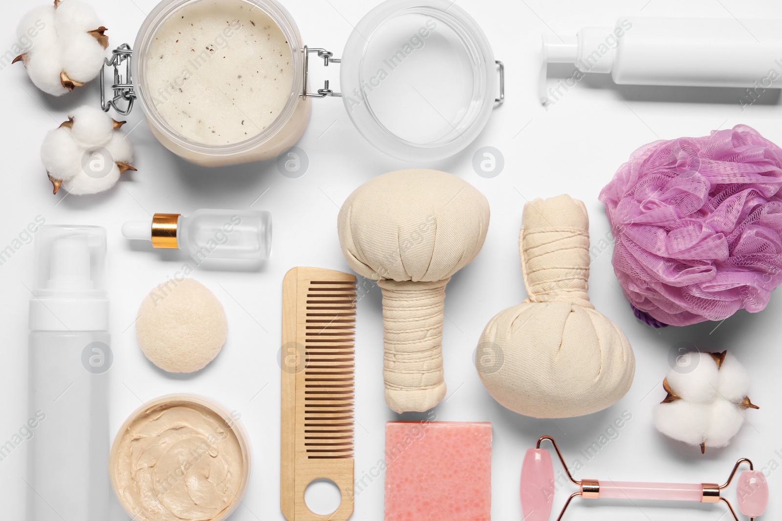 Photo of Bath accessories. Flat lay composition with personal care products on white background