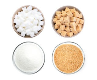 Image of Different types of sugar isolated on white, top view