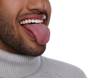 Photo of Happy man showing his tongue on white background, closeup