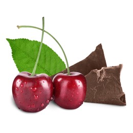 Image of Fresh cherries and pieces of dark chocolate isolated on white