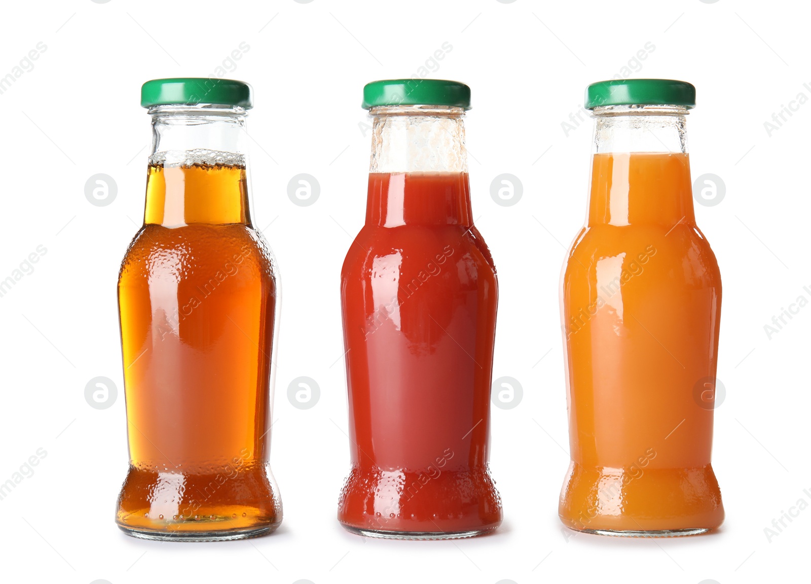 Photo of Bottles with different drinks on white background