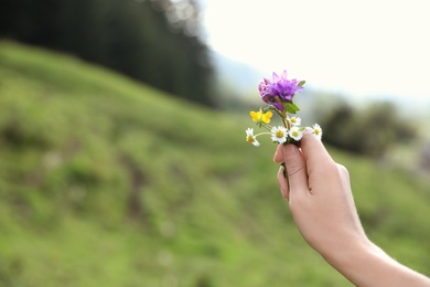 Photo of Woman holding bouquet of beautiful meadow flowers against blurred background