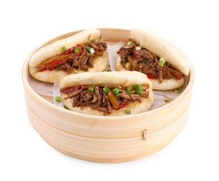 Delicious gua bao in bamboo steamer isolated on white