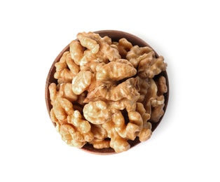 Bowl with tasty walnuts on white background, top view
