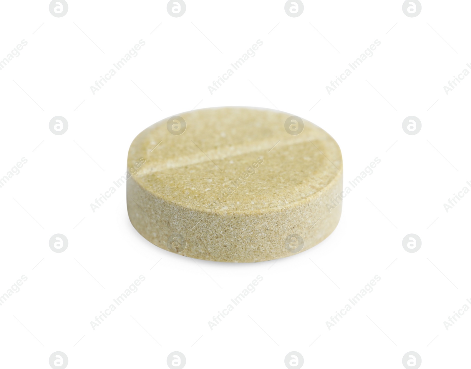 Photo of One round pill on white background. Medicinal treatment