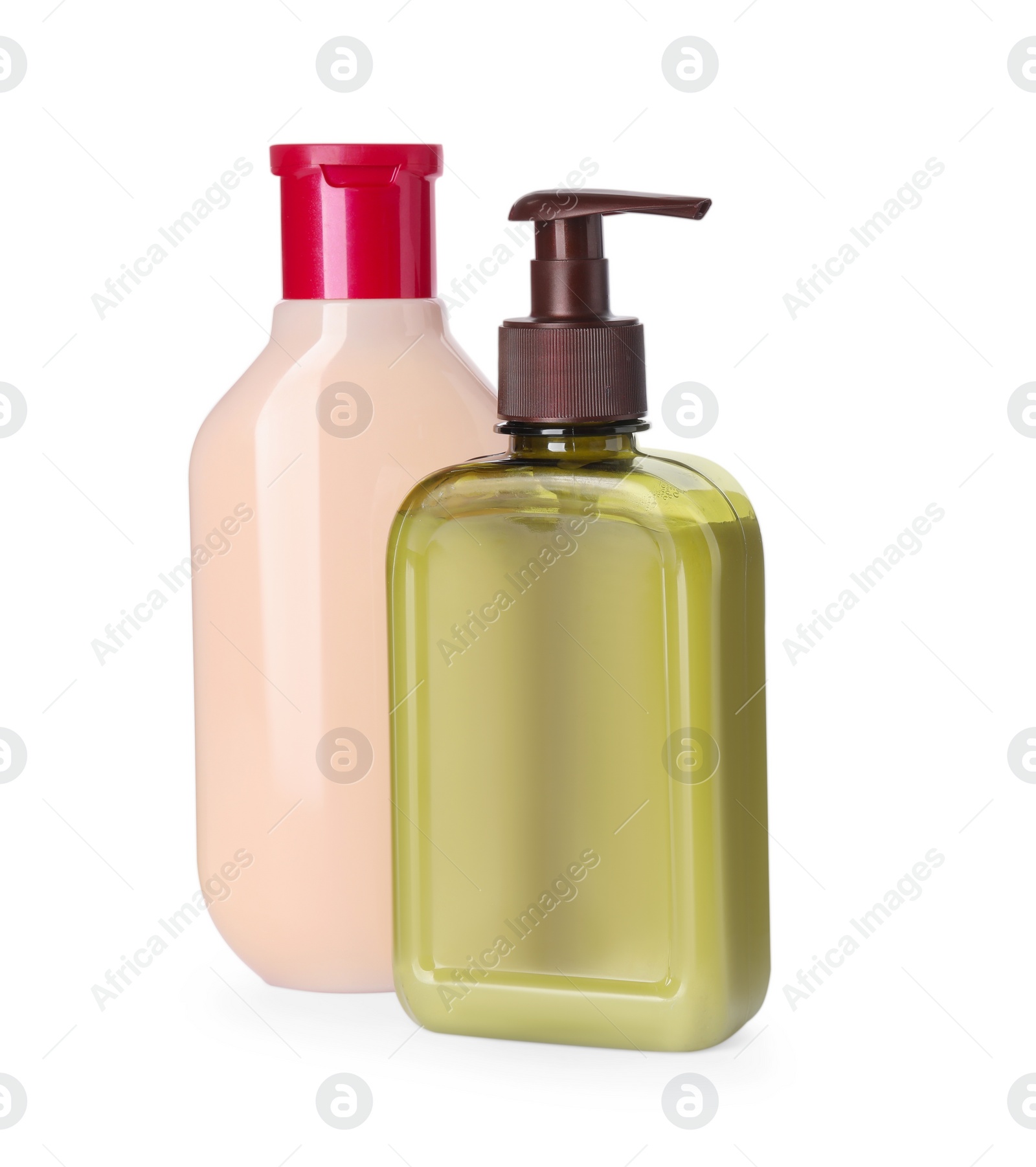 Photo of Different bottles of shampoo on white background