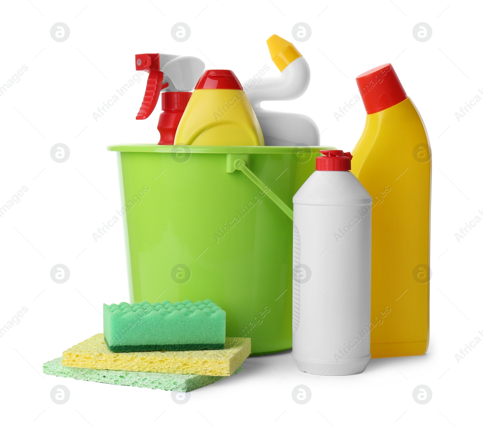 Photo of Set of different cleaning supplies on white background