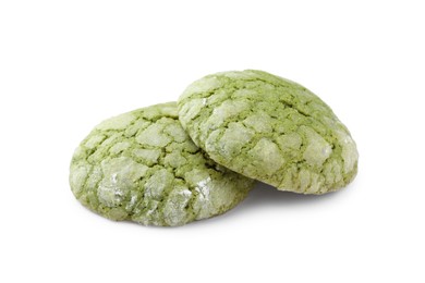 Photo of Two tasty matcha cookies isolated on white