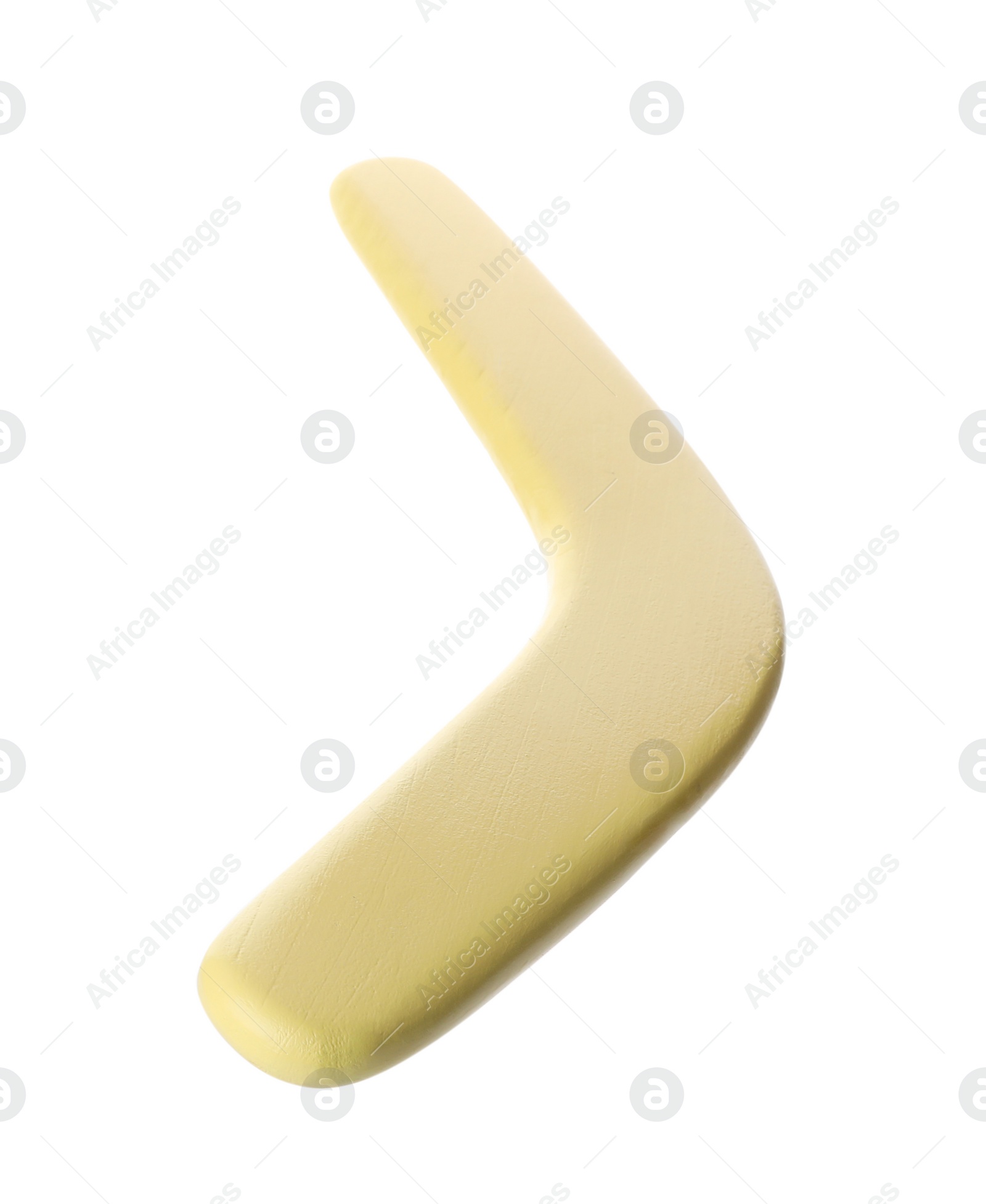 Photo of Yellow boomerang isolated on white. Outdoors activity