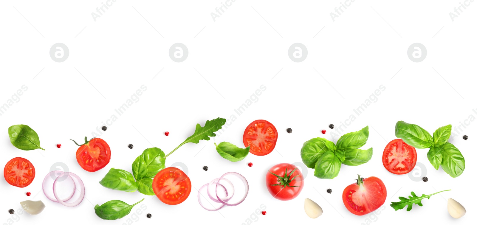 Image of Fresh ripe tomatoes with garlic, onion, basil, arugula and peppercorns on white background, top view. Banner design