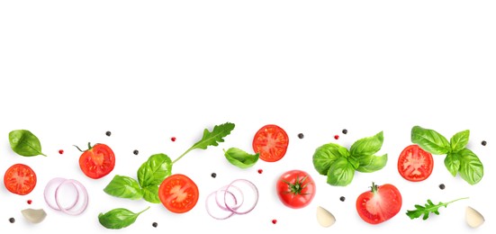 Image of Fresh ripe tomatoes with garlic, onion, basil, arugula and peppercorns on white background, top view. Banner design