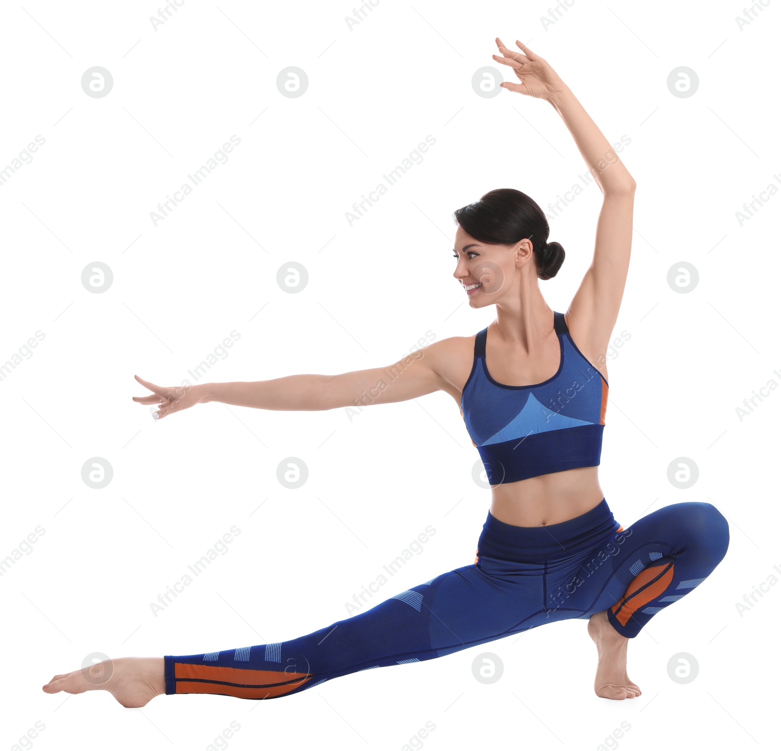 Photo of Professional young acrobat exercising on white background