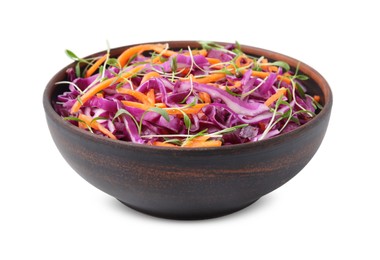 Tasty salad with red cabbage in bowl isolated on white