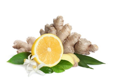 Fresh ginger root and lemon on white background