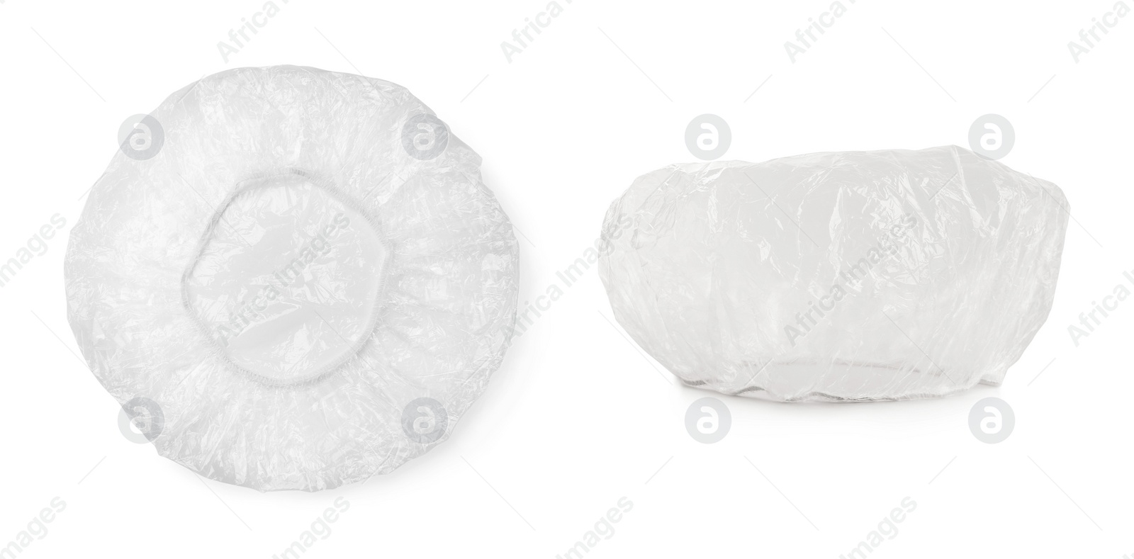 Image of Waterproof shower caps on white background, collage. Banner design