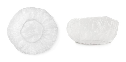 Image of Waterproof shower caps on white background, collage. Banner design