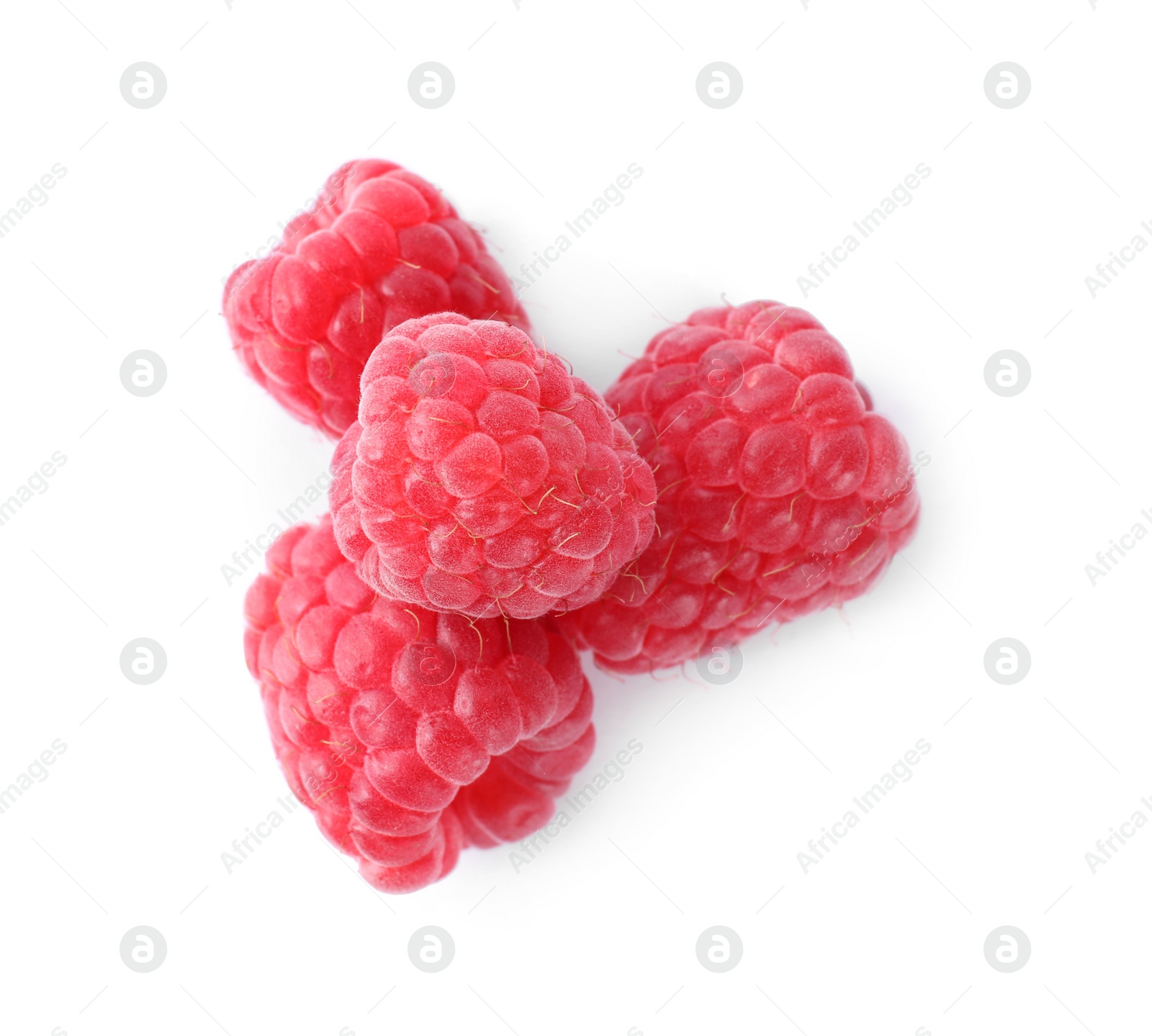 Photo of Delicious fresh ripe raspberries isolated on white, top view