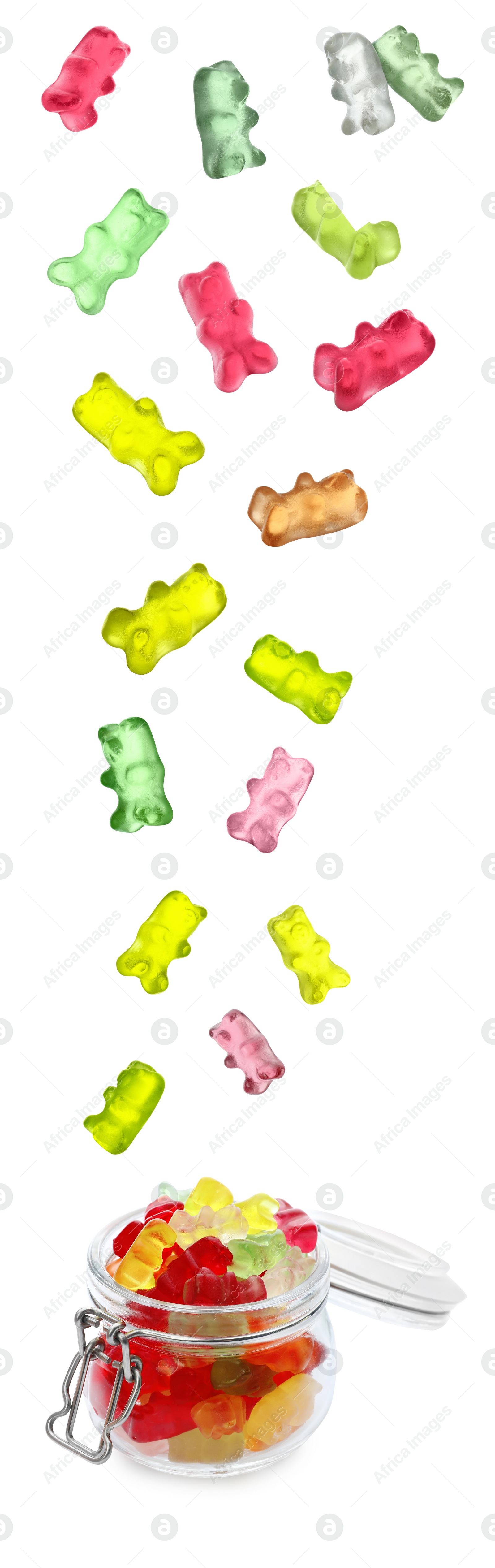 Image of Delicious jelly candies falling into glass jar on white background