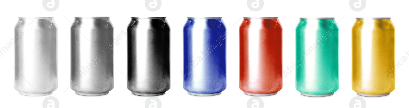 Image of Set with aluminium drink cans in different colors on white background. Banner design