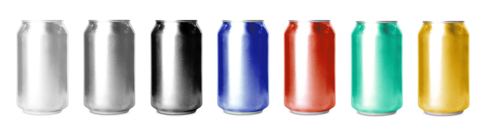 Image of Set with aluminium drink cans in different colors on white background. Banner design