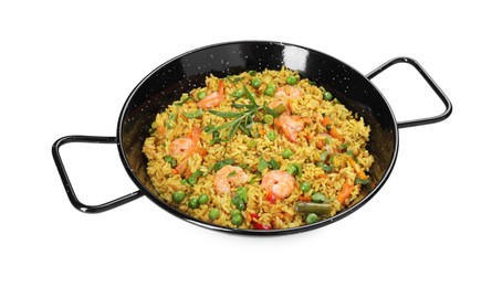 Photo of Tasty rice with shrimps and vegetables in frying pan isolated on white
