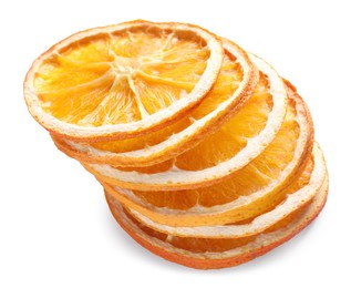 Photo of Delicious dry orange slices on white background
