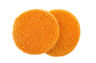 Photo of Delicious fried breaded cutlets on white background, top view