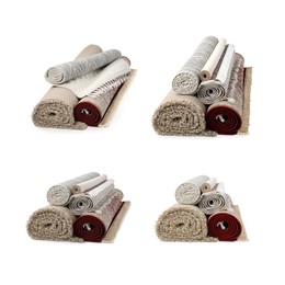 Image of Many different rolled carpets isolated on white, set