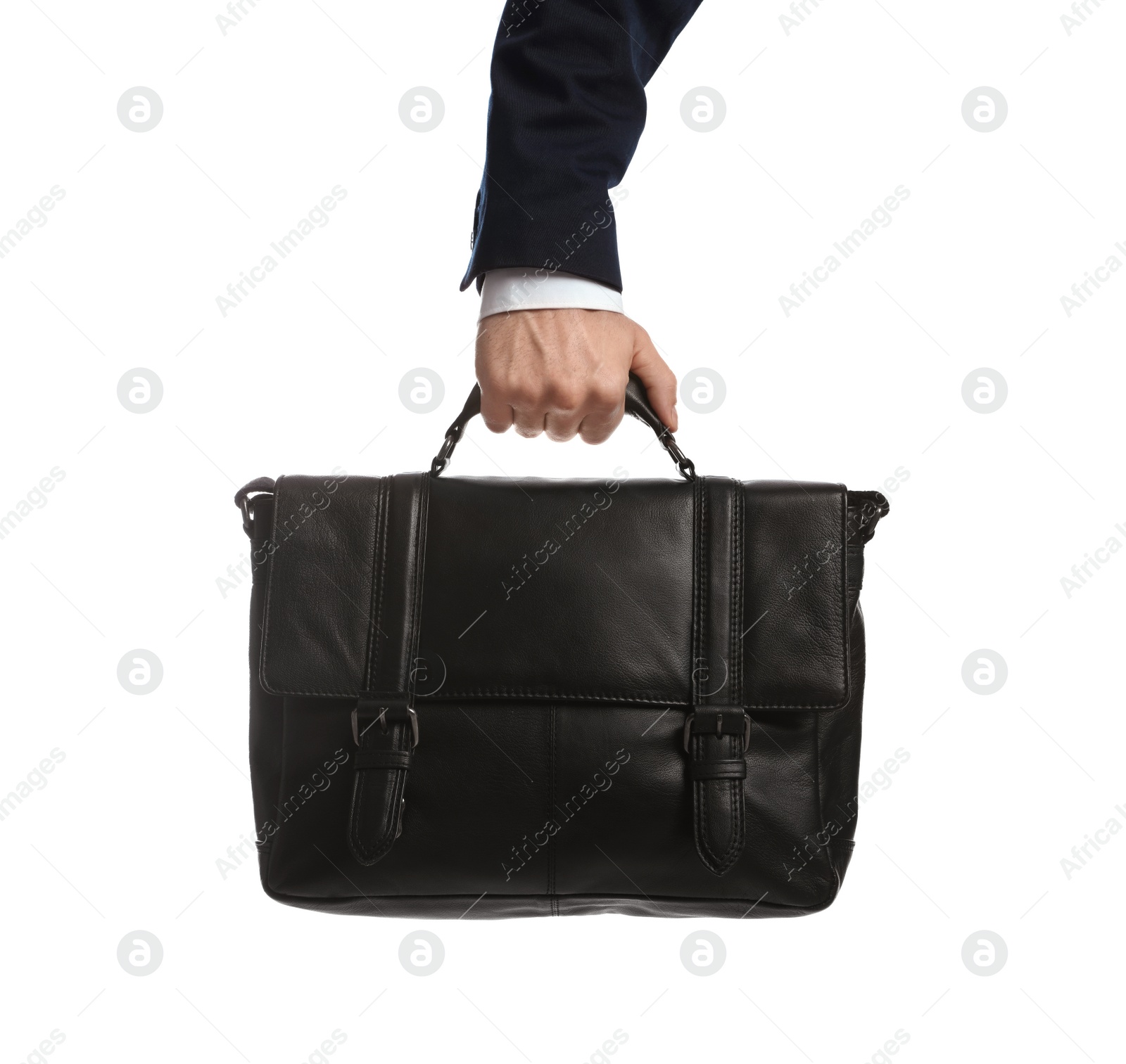 Photo of Man holding stylish leather briefcase on white background, closeup