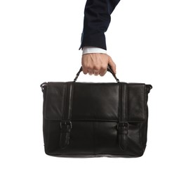 Man holding stylish leather briefcase on white background, closeup