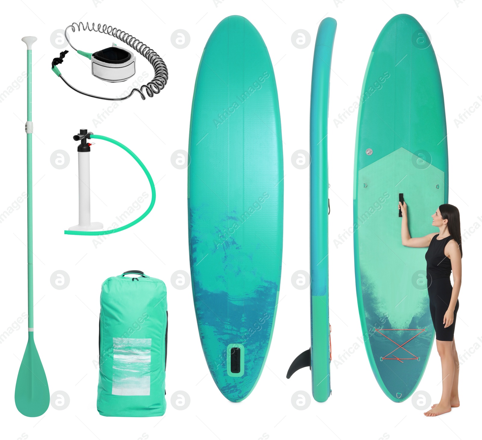 Image of Happy woman with SUP board and different equipment for stand up paddle boarding isolated on white, set of photos