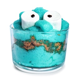 Photo of Delicious dessert decorated as monster on white background. Halloween treat